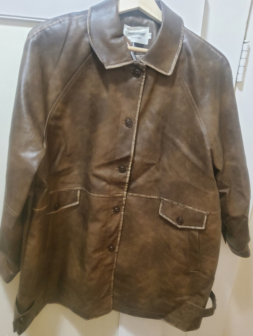 Nesoulum Brown Distressed Vegan Leather Button-Front Coat, NWT Sz S